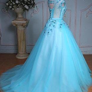 Blue Tulle Scoop Neck Long Winter Formal Prom..