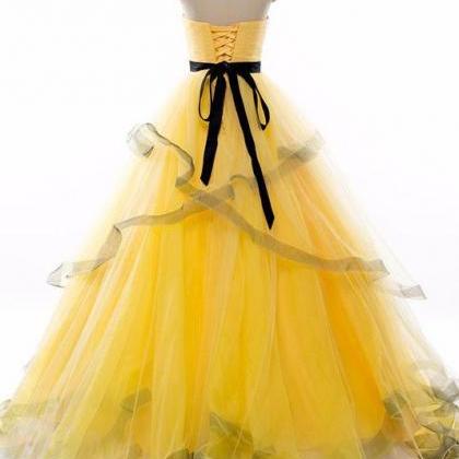 Yellow sweetheart tulle lace long prom dress yellow formal dress,DS2127
