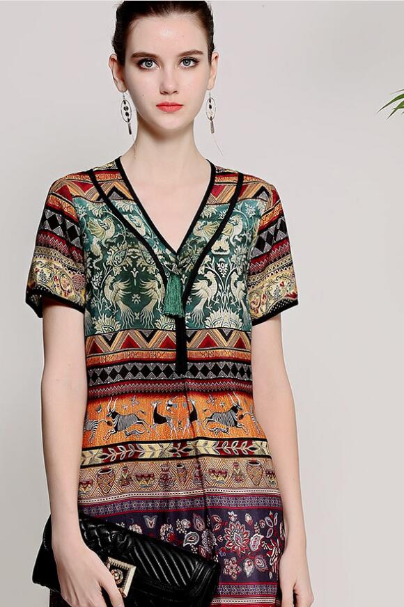 Spring And Summer 2018 Style, Vintage Women's Wear, National Court Wind Printing, European And American Code Silk, Loose Dress