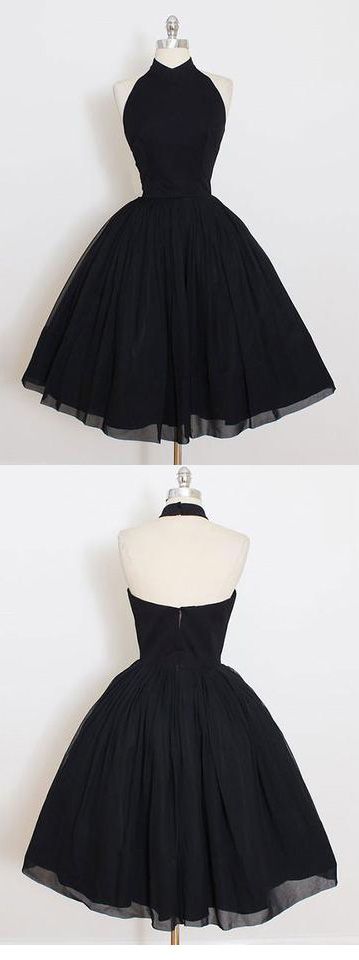 A Line Evening Dress Short Halter Prom Dress In Black Color