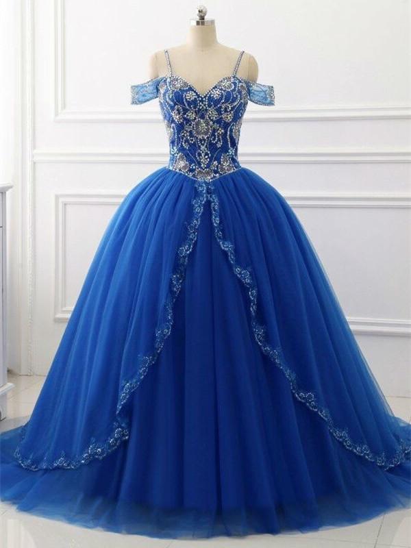 A-line Spaghetti Strap Sweep Train Tulle Royal Blue Prom Dresses With ...