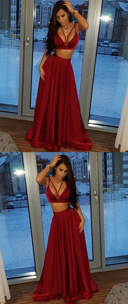 Burgundy Cowl Spaghetti Straps Sweep/Brush Train Formal Dresses with Split