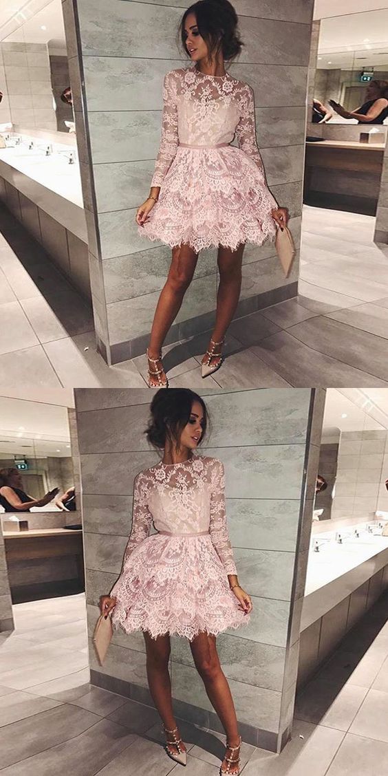 A-line Round Neck Long Sleeves Short Tiered Pink Lace Homecoming Dress,custom Made,party Gown,evening Dress