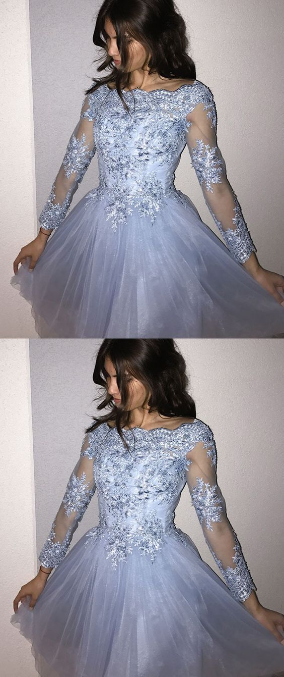 A-line Off-the-shoulder Blue Homecoming Dress With Beading Appliques Sleeves,custom Made,party Gown,evening Dress