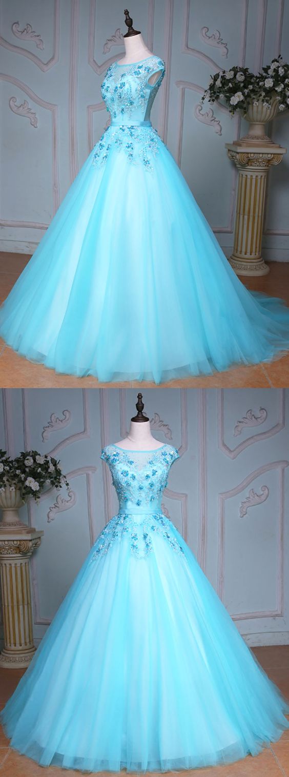 Blue Tulle Scoop Neck Long Winter Formal Prom Dress, Long Beaded Evening Dresses For Teens, Evening Dress, Evening Dress,custom Made,party Gown