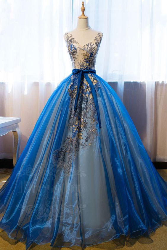 Unique V Neck Blue Embroidery Long Prom Dress, Sweet 16 Dress, Blue ...