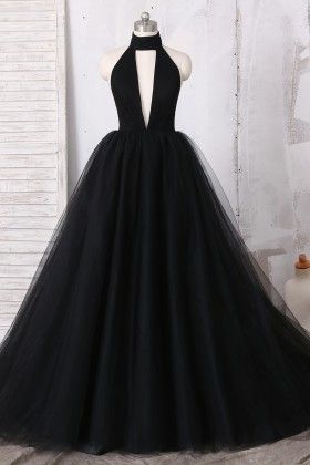 Black Halter Prom Dress,plunging High Neck Dress, Tulle Ball Gown Prom Dress