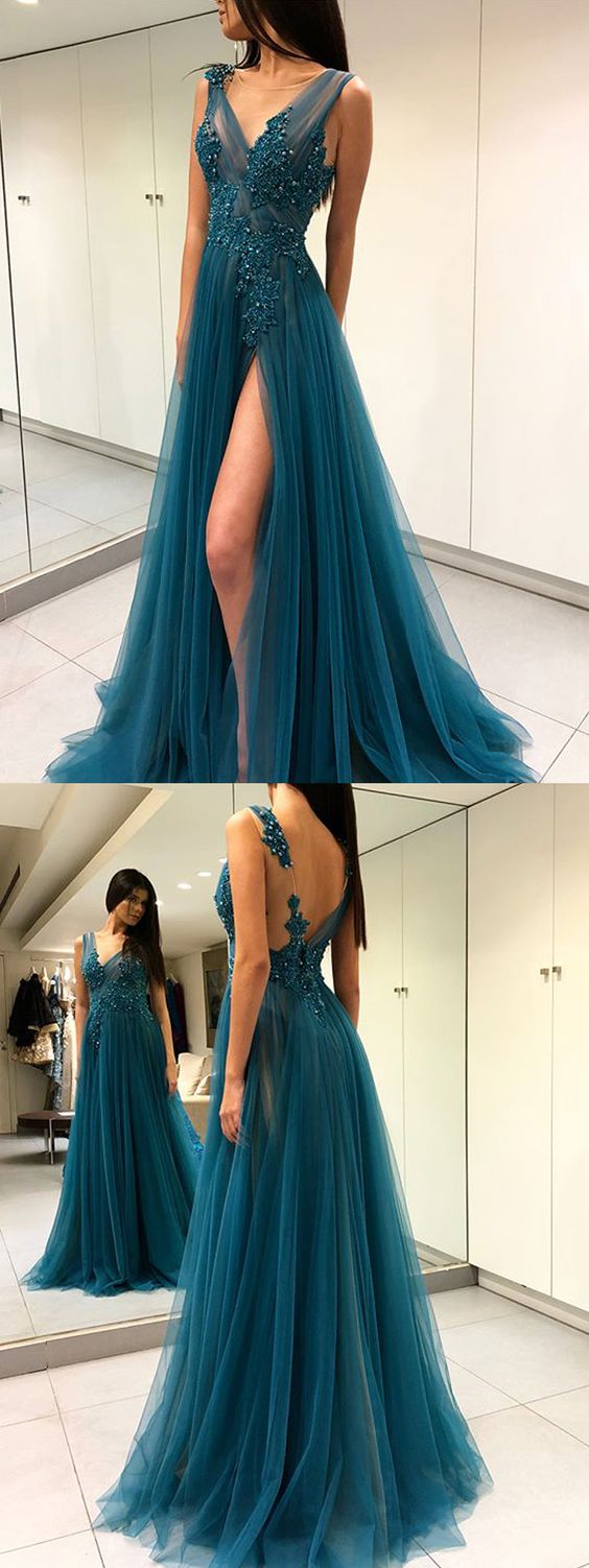 Charming A Line Prom Dress, V Neck Open Back Party Dress, Long Prom Dresses With Appliques, Elegant Evening Dress