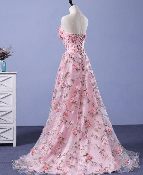 Floral Embroidery ,Pink Tulle 3D Flowers,Long Prom Dress, Pink Evening ...