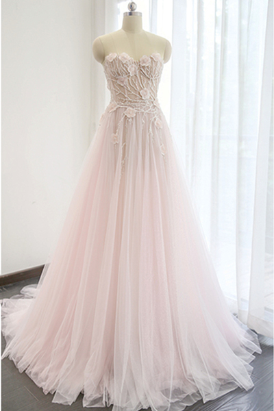 Princess Pink Lace Appliques Long A-line Bridal Dress, Pink Train Evening Dress