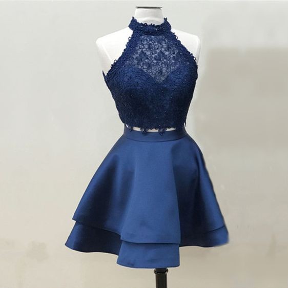 Niulatu Sleeves Short Navy Blue Homecoming Dress with Lace Up Back HZ0113