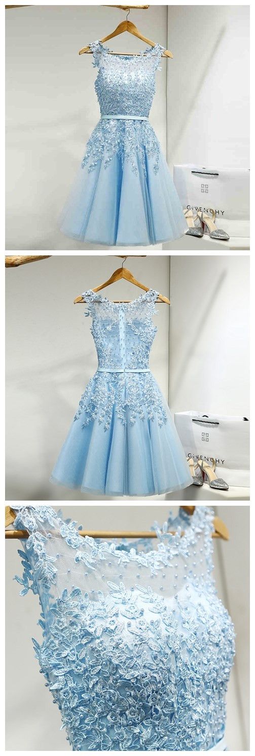 Tulle Party Dress,appliques Evening Dresses,short Blue Homecoming Dress