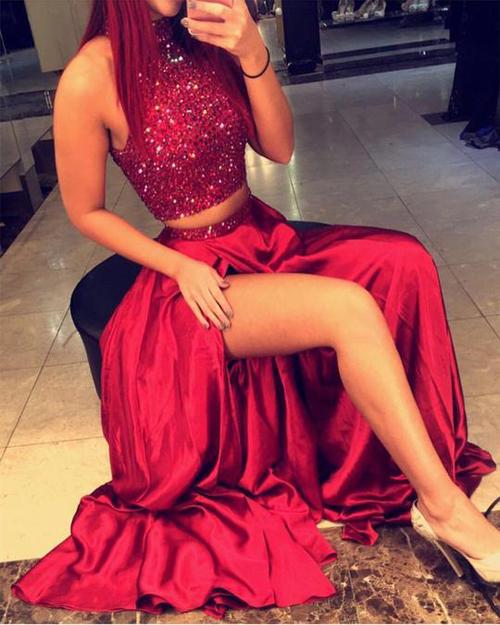 Sexy Backless Red Halter Beaded A-line Long Evening Prom Dresses, 17686