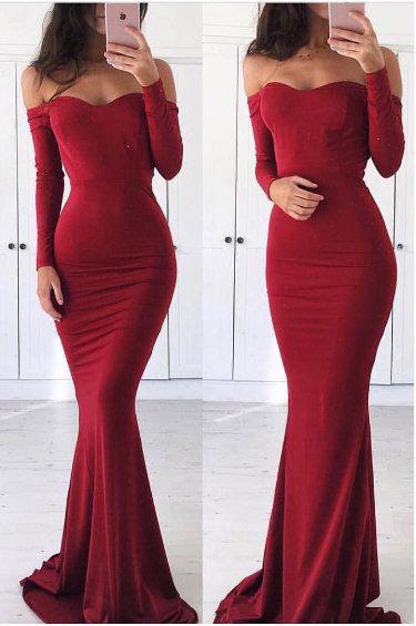 Sexy Off Shoulder Mermaid Long Sleeves Red Prom Dress,graduation Dress