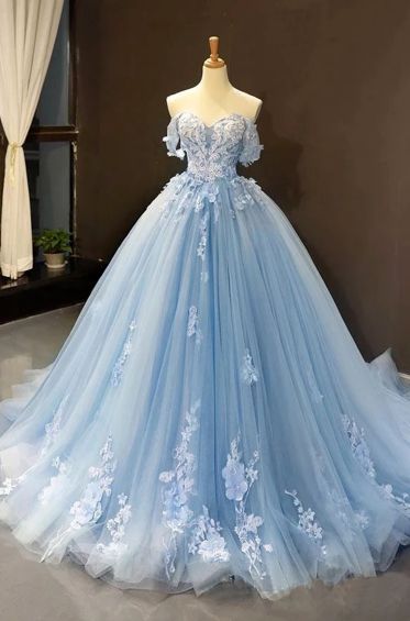 Tulle Tiffany Prom Dress Off The Shoulder Ball Gown Dress Light Sky Blue Ball Gown Prom Dress With Applique From Shedress Appliques Fomal Dress