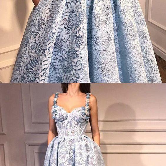 A-Line Spaghetti Straps Light Blue Lace Prom Dress With Flowers on Luulla