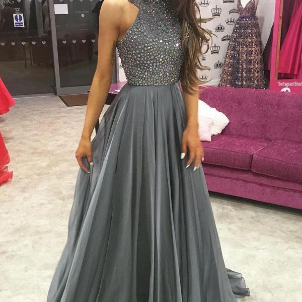 A Line Sleeveless Sheer Back Long Prom Dresses