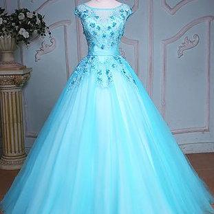 Blue Tulle Scoop Neck Long Winter Formal Prom Dress, Long Beaded ...