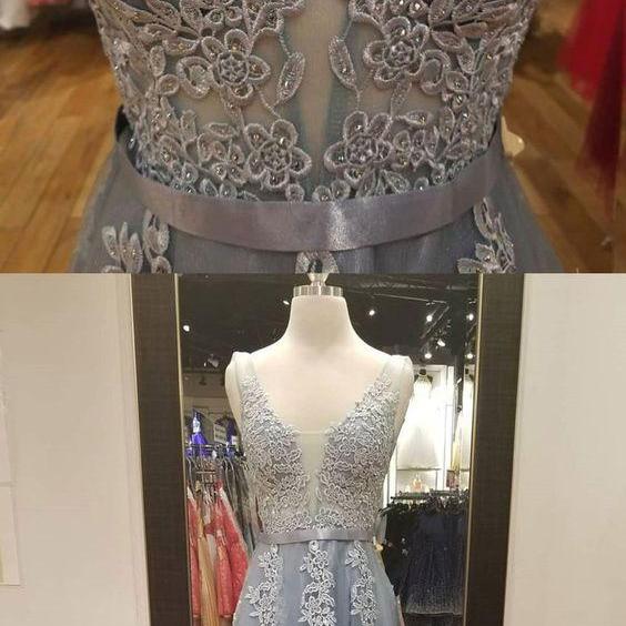 Simple Blue Gray Tulle 3D Lace Applique Long A Line Prom Dress, Halter Evening Dress   cg16765 main image 1