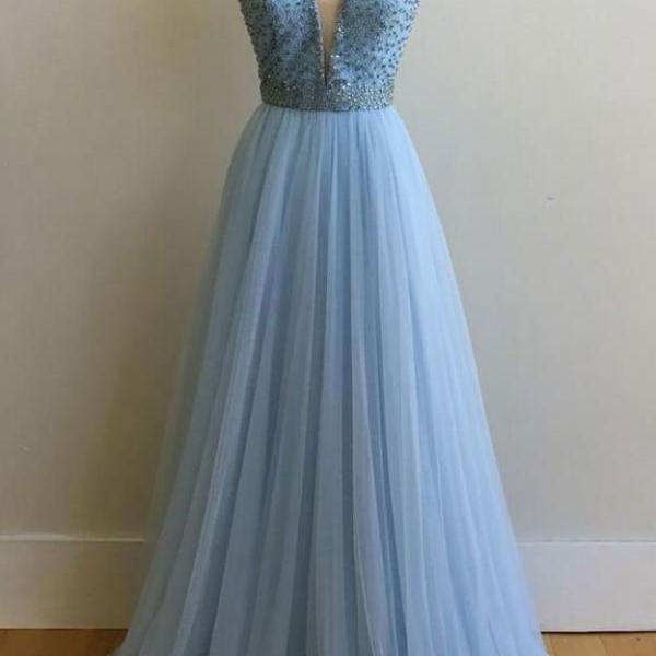 Deep V Neck Sky Blue Prom Dresses, Evening Dress With Beaded on Luulla