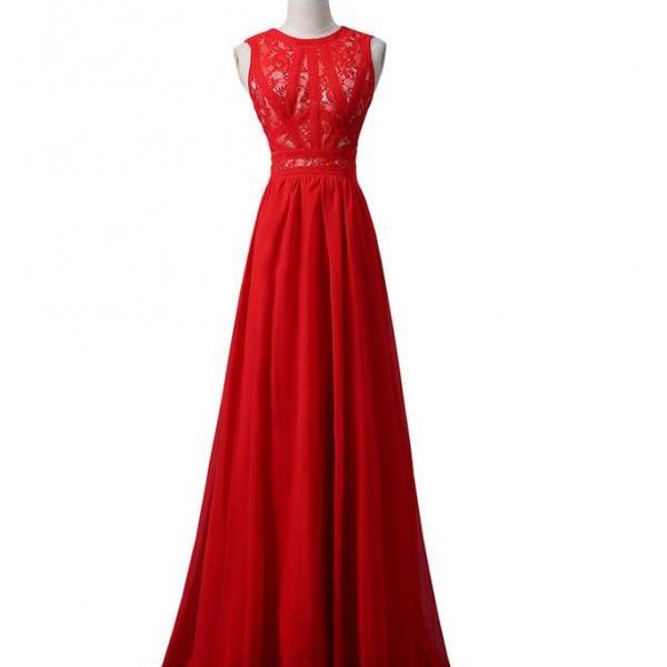 Red Lace Chiffon Beaded Long Prom\evening Dresses,sleeveless Lace Party