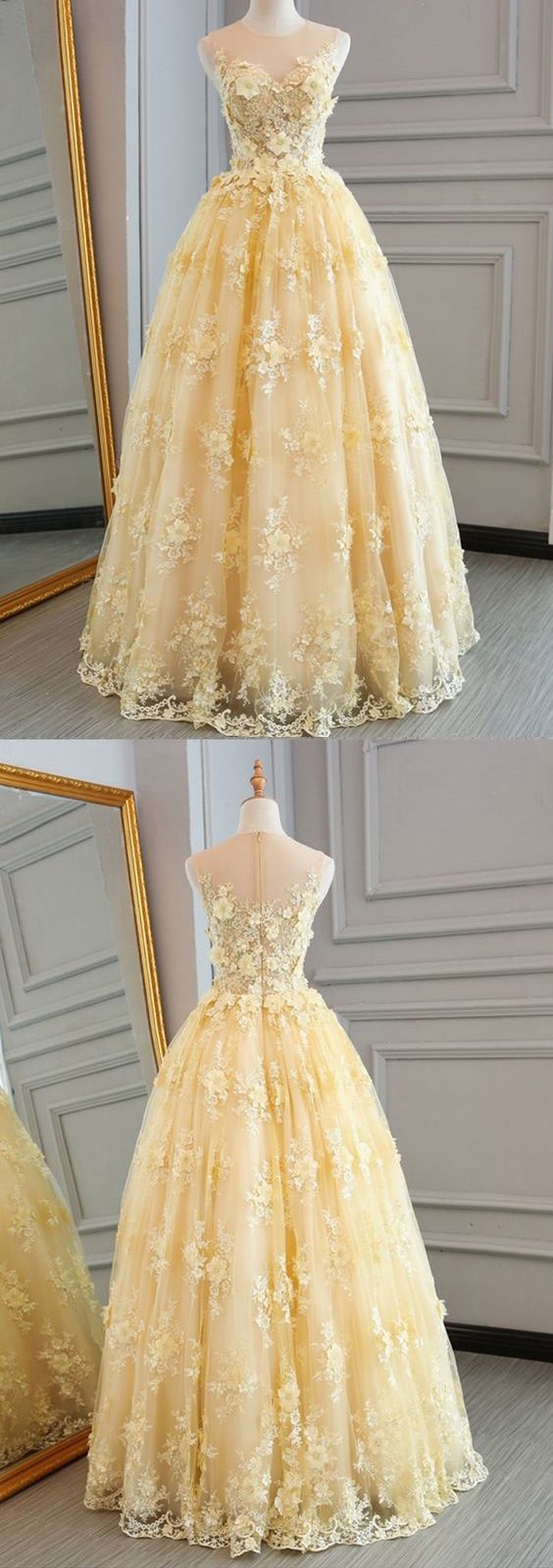 Long Prom Dresses Scoop A-line Floor-length Lace Sexy Yellow Prom Dress ...