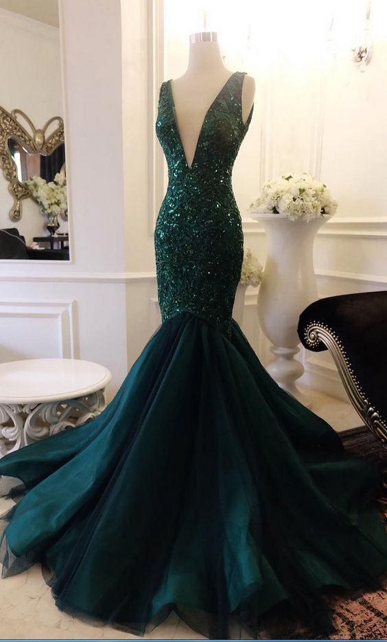 Plunging Neck Mermaid Atrovirens Prom Dress With Sequin Appliques Lace ...