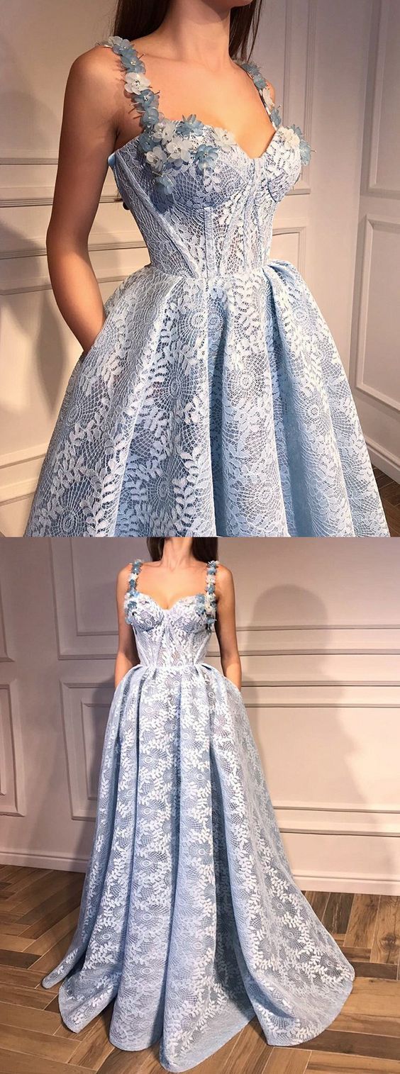 A-Line Spaghetti Straps Light Blue Lace Prom Dress With Flowers on Luulla