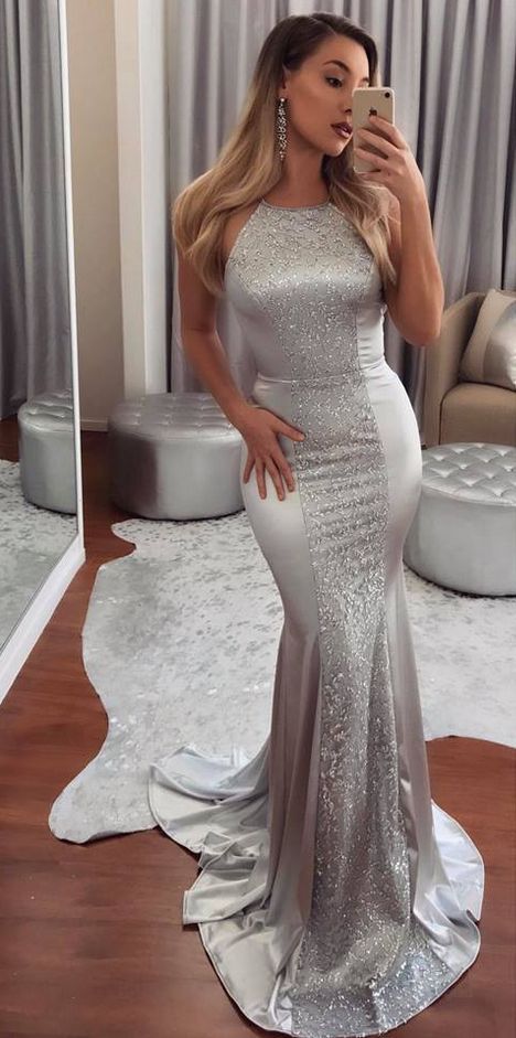 Elegant Silver Long Prom Dress, 2018 Mermaid Long Prom Dress, Halter ...