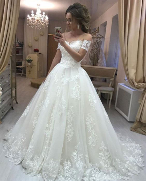 Off Shoulder Wedding Dresses, Bridal Gown With Appliques Court Train on ...