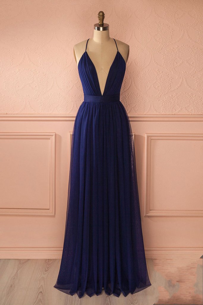 Navy V-Neck Sleeveless Plain Backless Cut Out Sexy Dresses