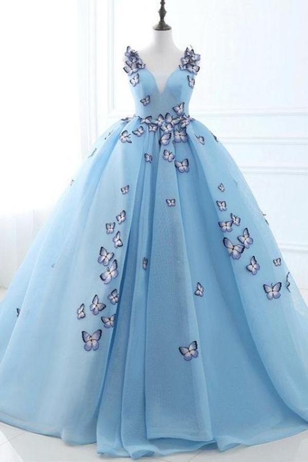 Sky Blue 3D Butterfly Quinceañera Sweet 16 Prom Ball Gown main image 1